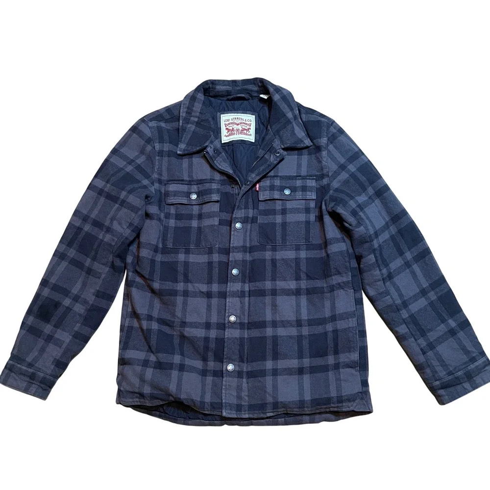 Levi's Quilted Shirt Jacket Mens Small Gray Plaid Shacket Flannel Coat Utility